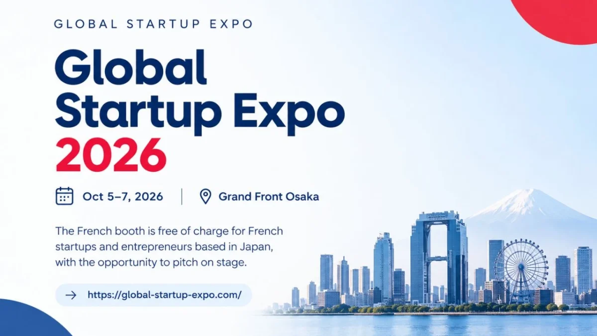 Global Startup Expo 2026 banner, Grand Front Osaka, October 5 to 7, free French booth